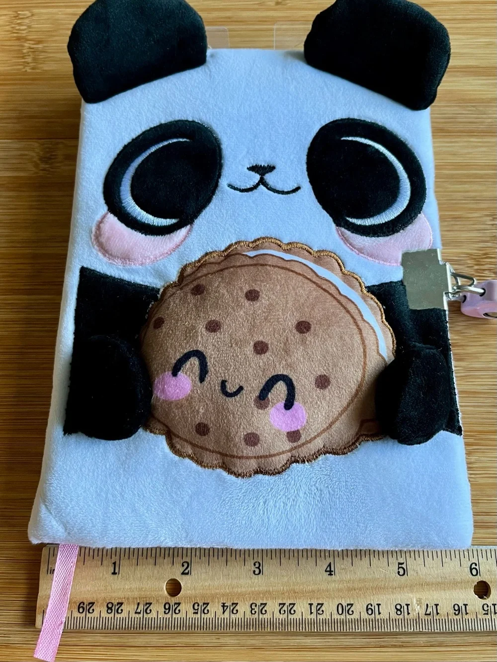 Claires Fuzzy Plush Panda Holding Cookie Diary Journal Notebook w/ Lock & 2 Keys